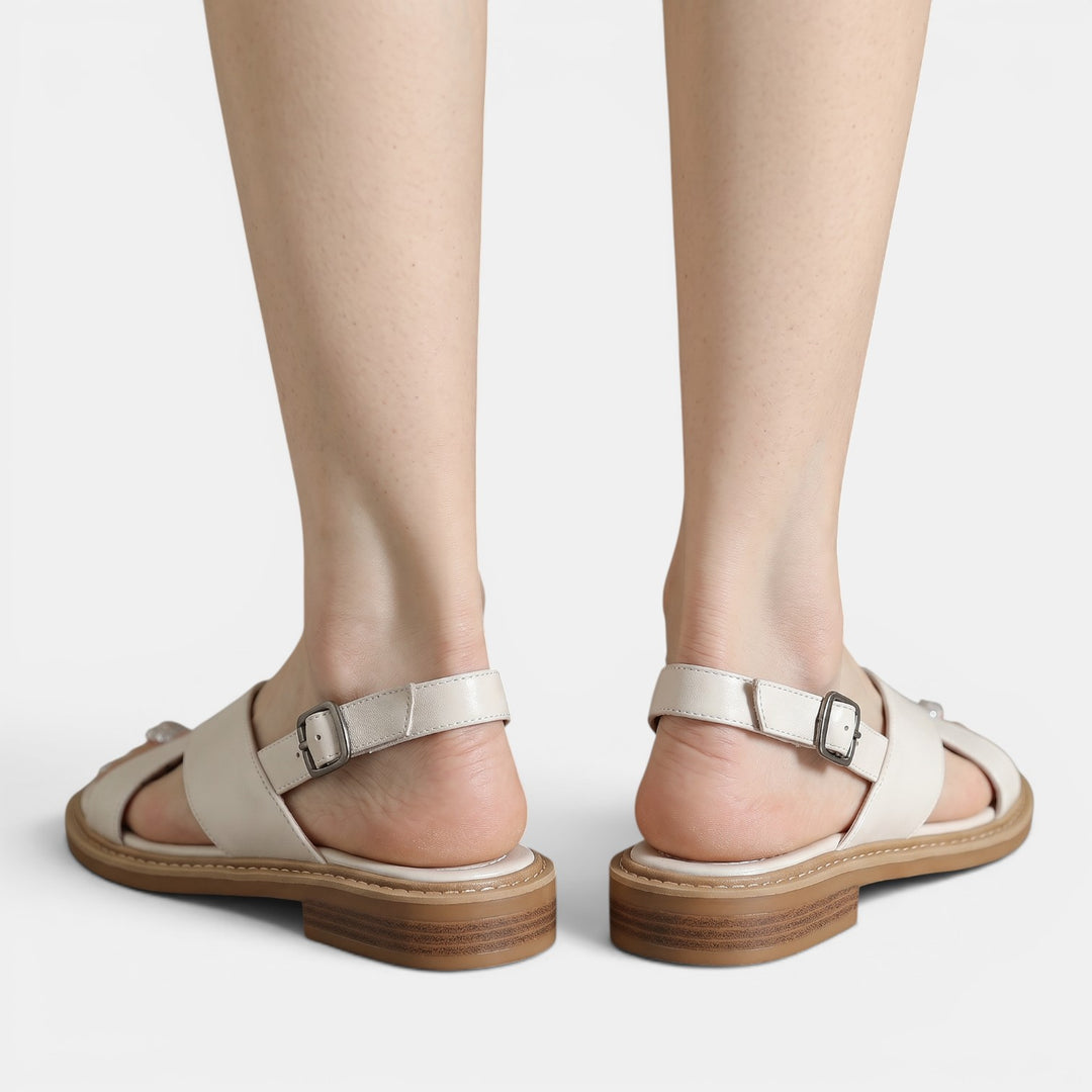 Sandalias Beige Mujer Tiras Cruzadas Piel