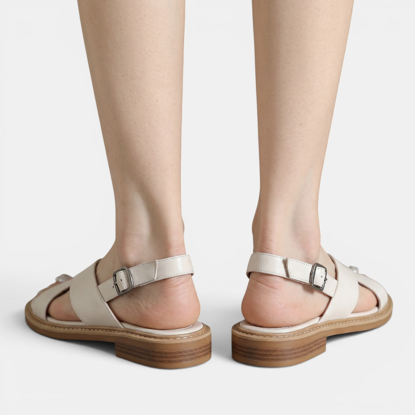 Women's Beige Crossed-Strap Leather Sandals