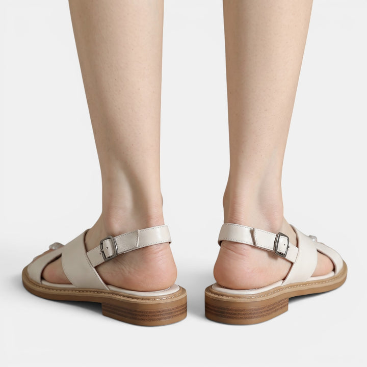 Sandalias Beige Mujer Tiras Cruzadas Piel