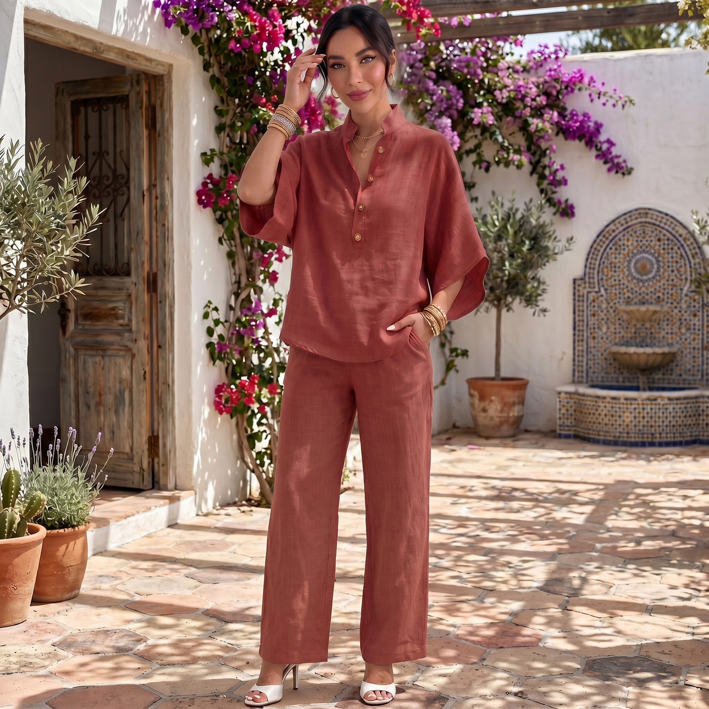 Women's Linen Summer Short Sleeve Set