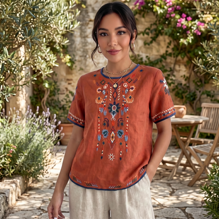 Embroidered Linen T-Shirt for Women