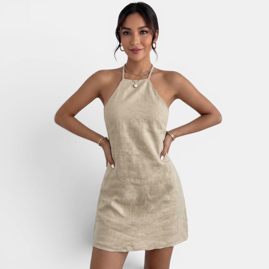 Vestido Corto Lino Halter Mujer Caqui