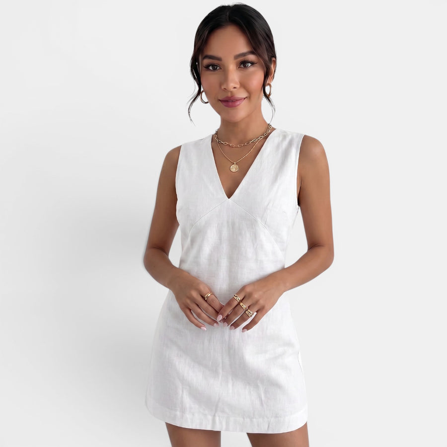 Vestido Corto Verano Escote V Mujer Lino
