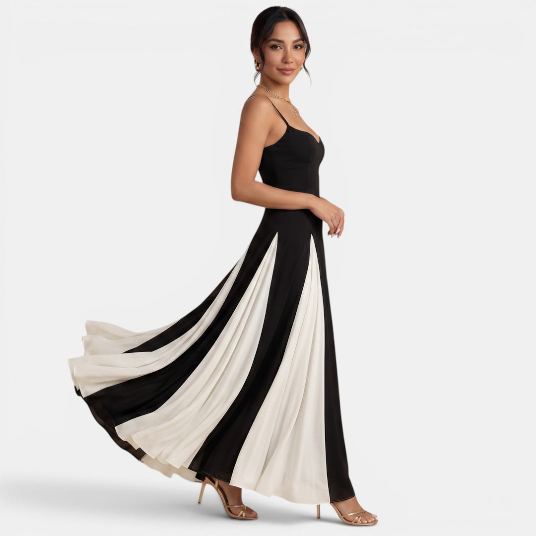 Vestido Largo Plisado Verano Negro y Blanco