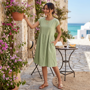 Women's Midi Cotton Linen Pleated Waist