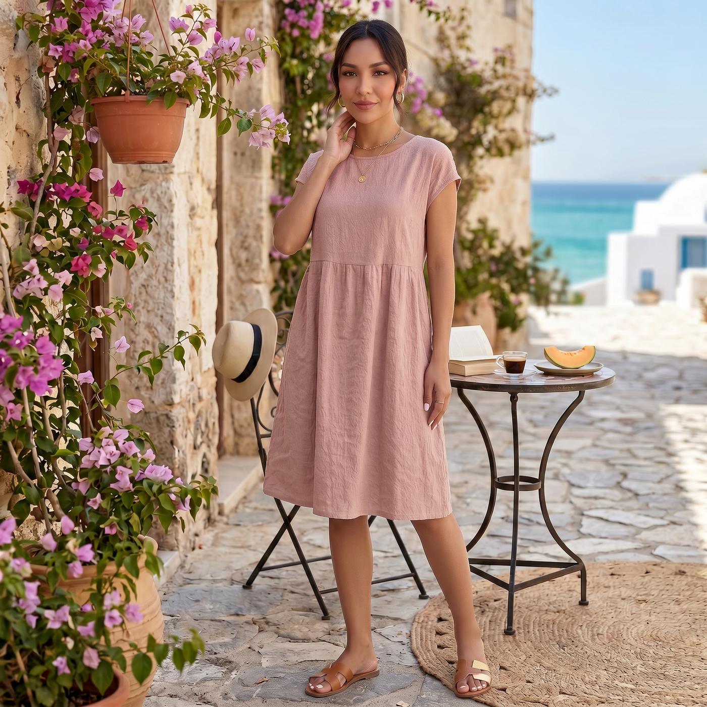 Women's Midi Cotton Linen Pleated Waist