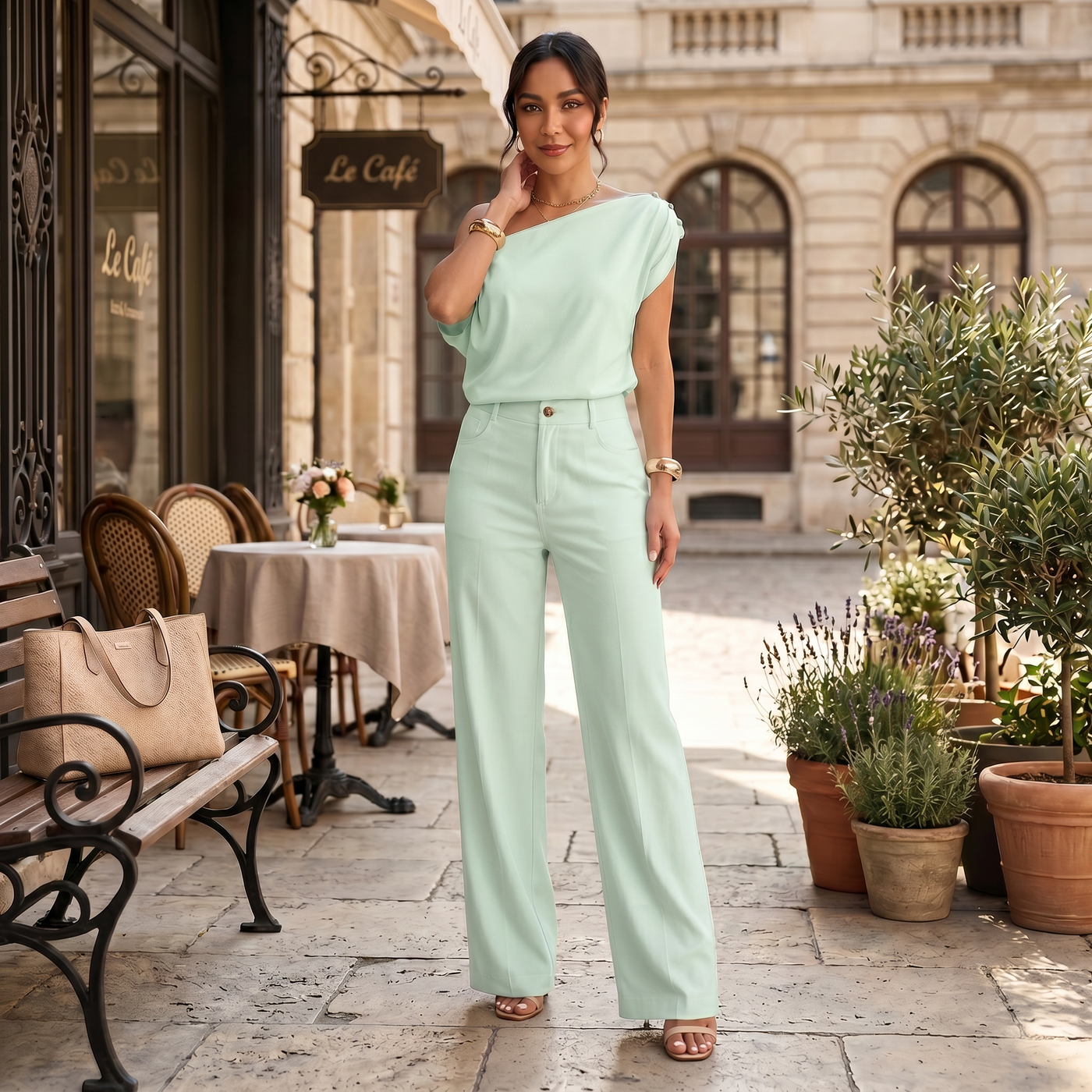 Conjunto Mujer Elegante Verano – Top Bardot Off Shoulder y Pantalón Palazzo Ancho