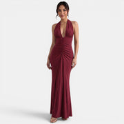 Red Halter V-Neck Maxi Dress