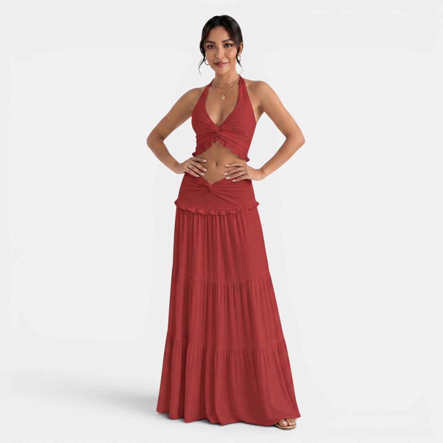 Conjunto Halter con Falda Larga Volantes