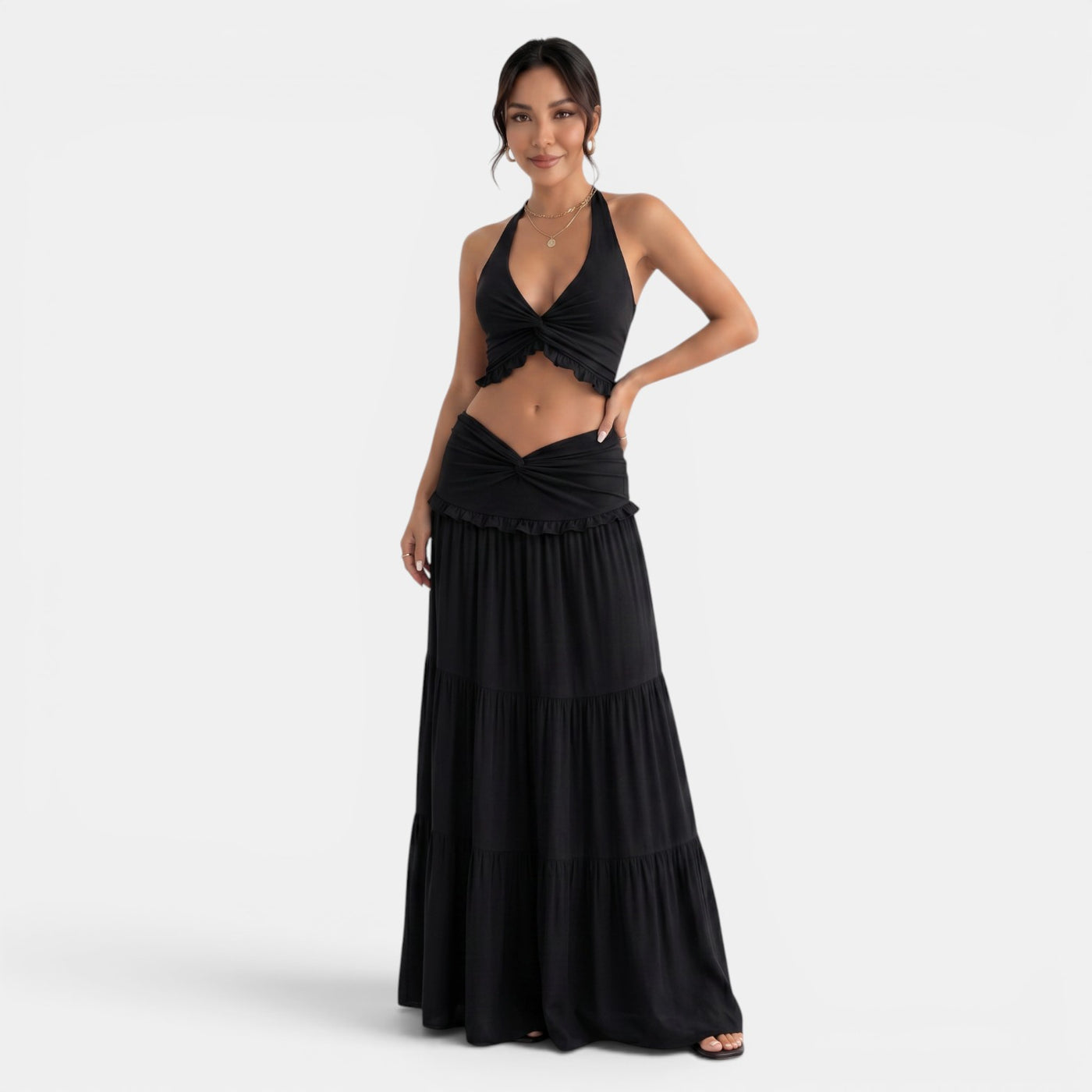 Halter Top and Long Ruffled Skirt Set