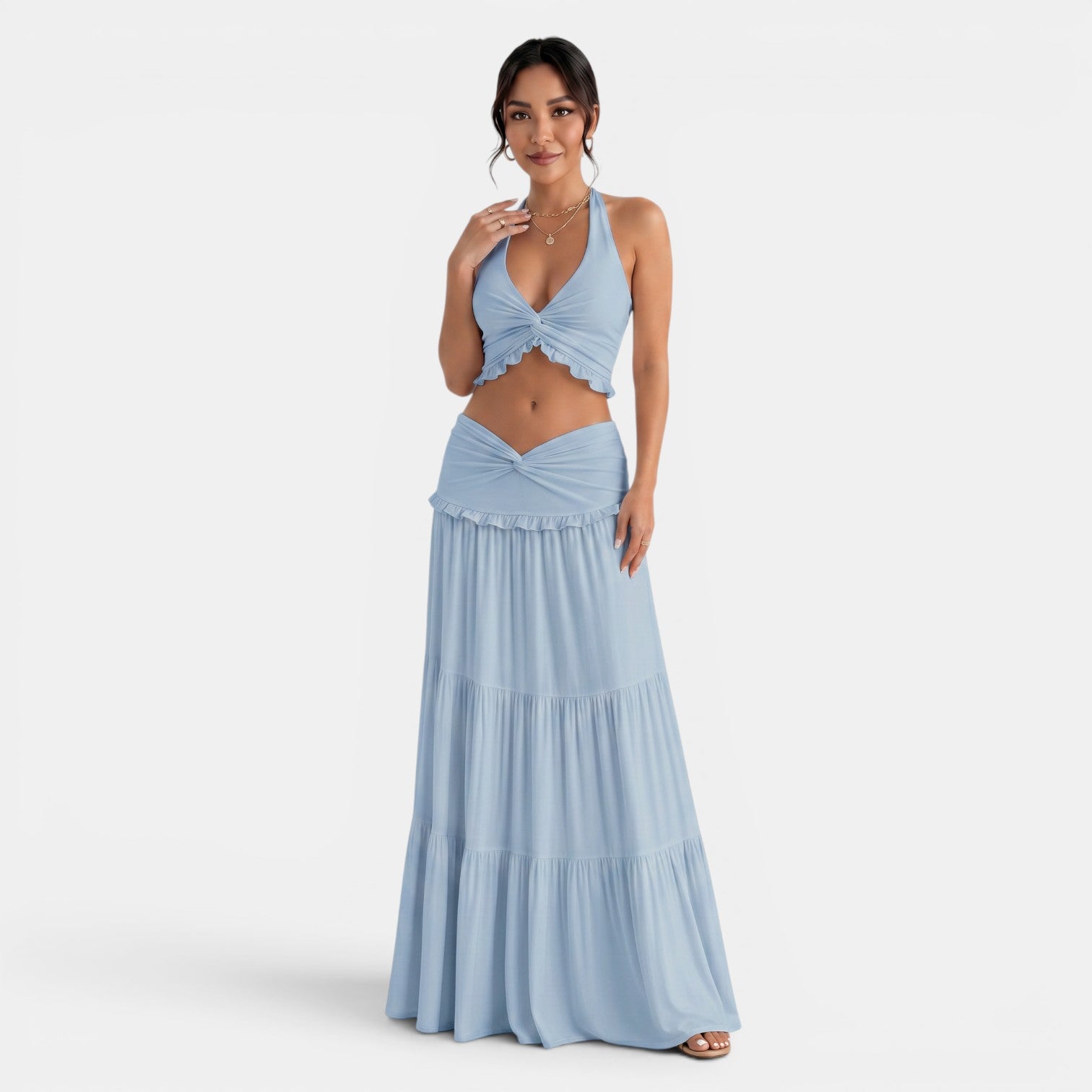 Conjunto Halter con Falda Larga Volantes