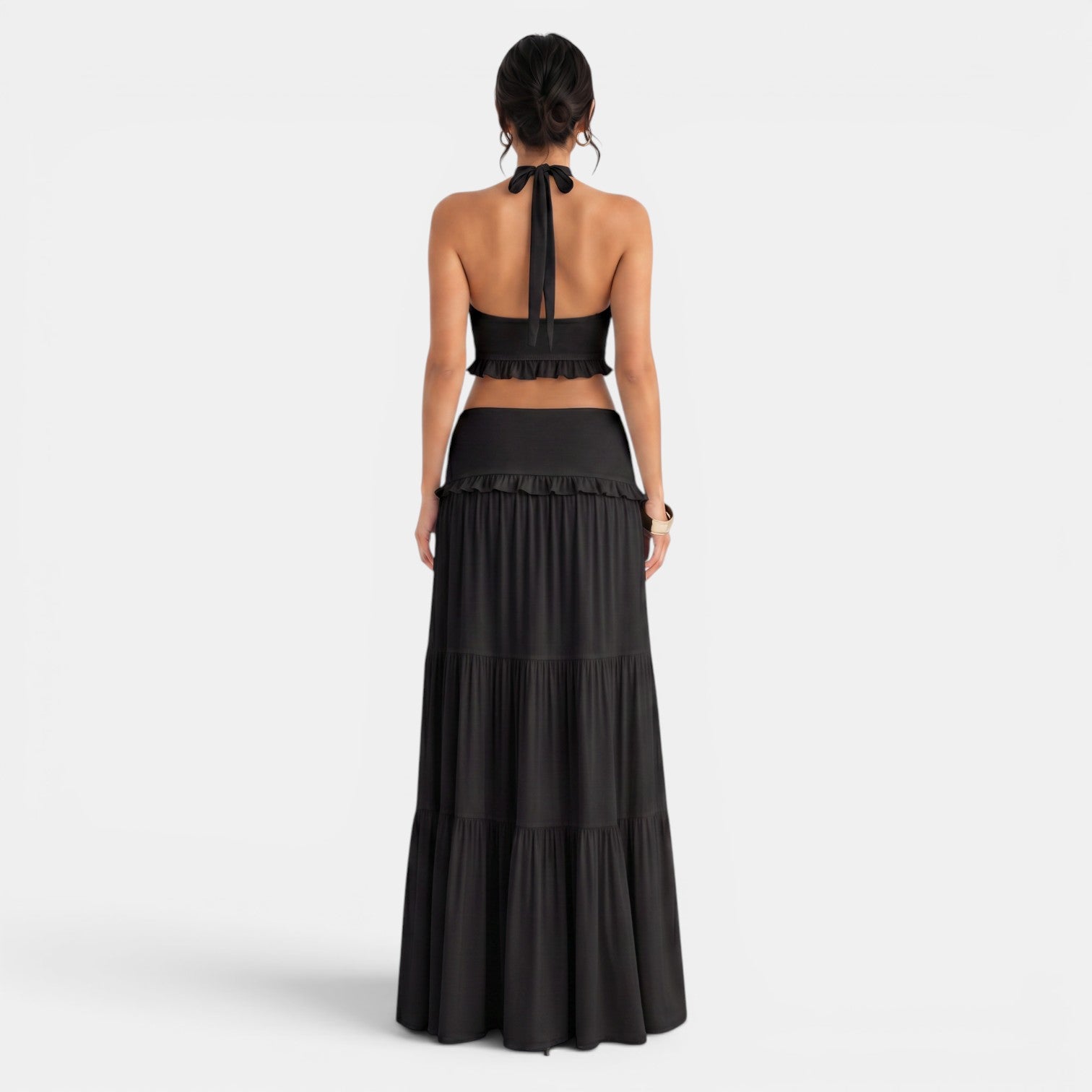 Conjunto Halter con Falda Larga Volantes