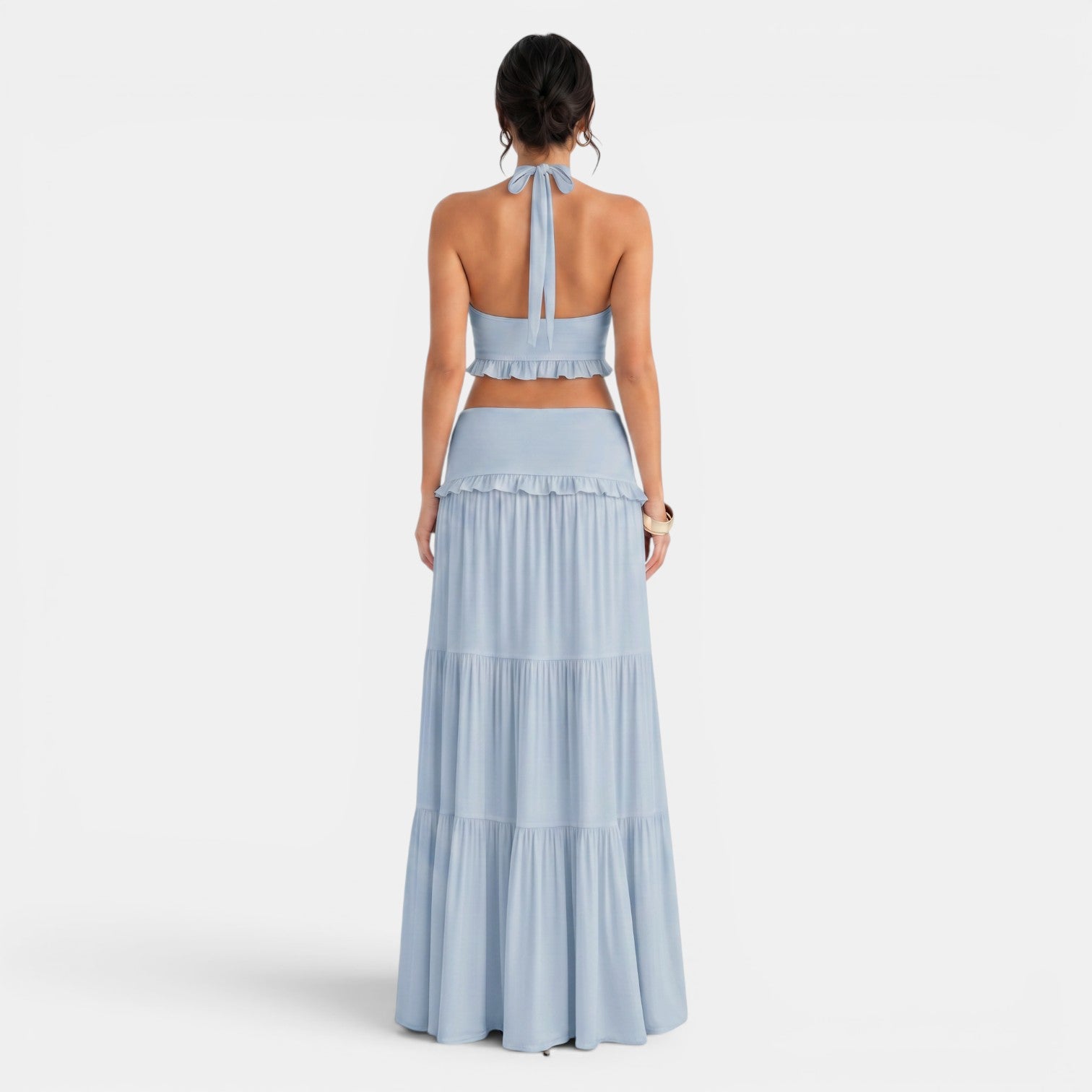 Conjunto Halter con Falda Larga Volantes