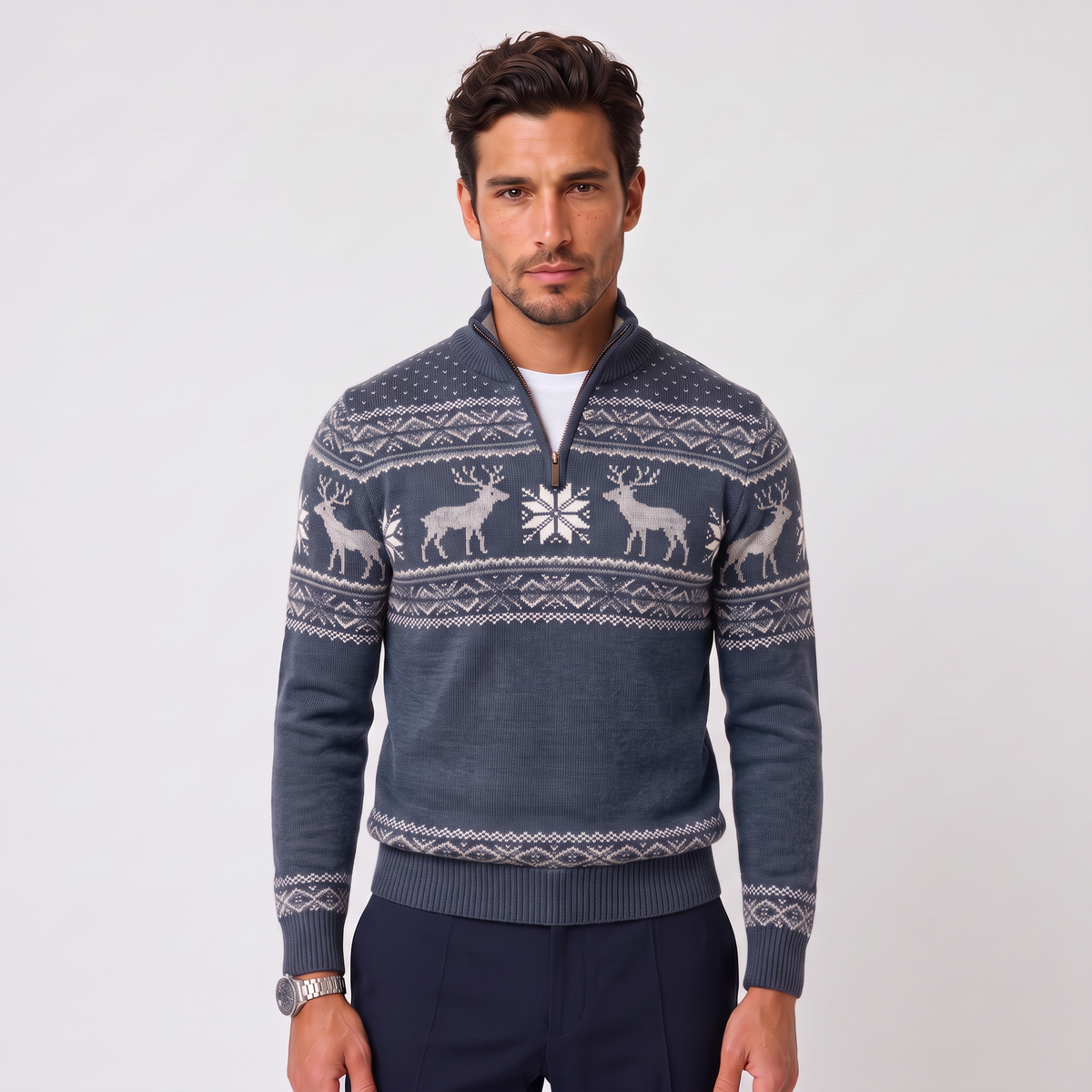 Jersey Navideño Hombre Fair Isle Media Cremallera