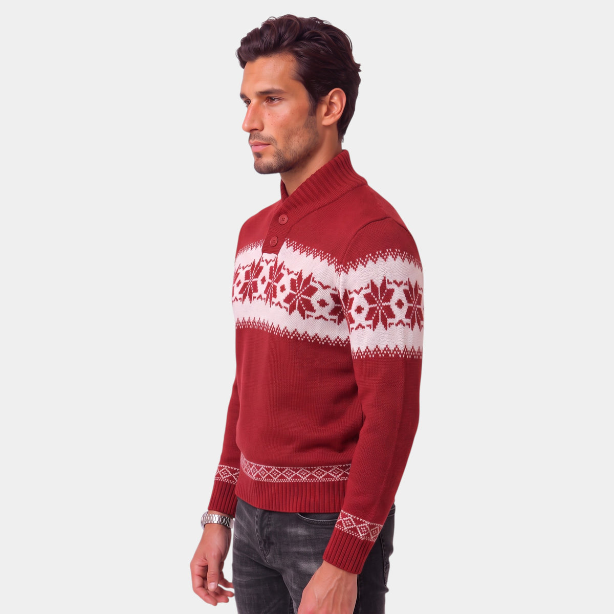 Jersey Navideño Hombre Punto Jacquard Rojo Cuello Alto