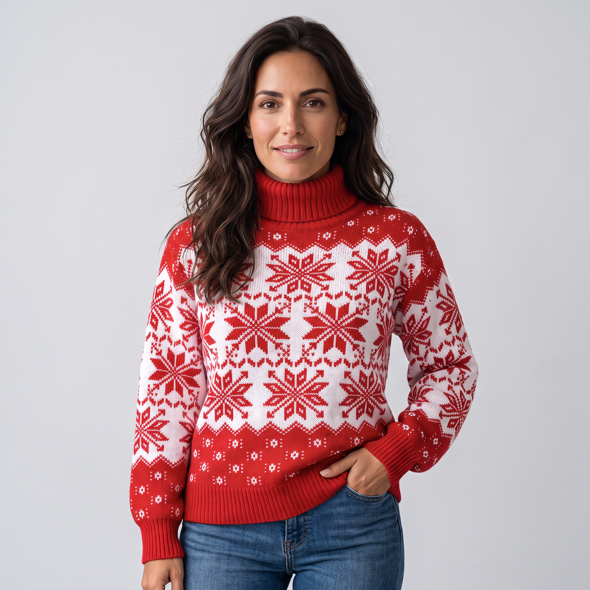Jersey Navideño Mujer Cuello Alto Copos de Nieve Integral