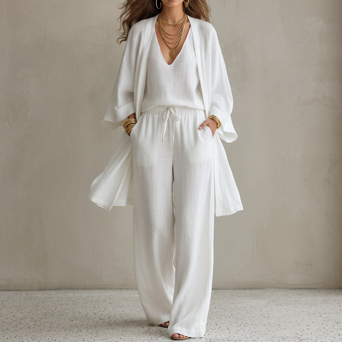 Women's Three-Piece Open Vest and Wide-Leg Pants Set