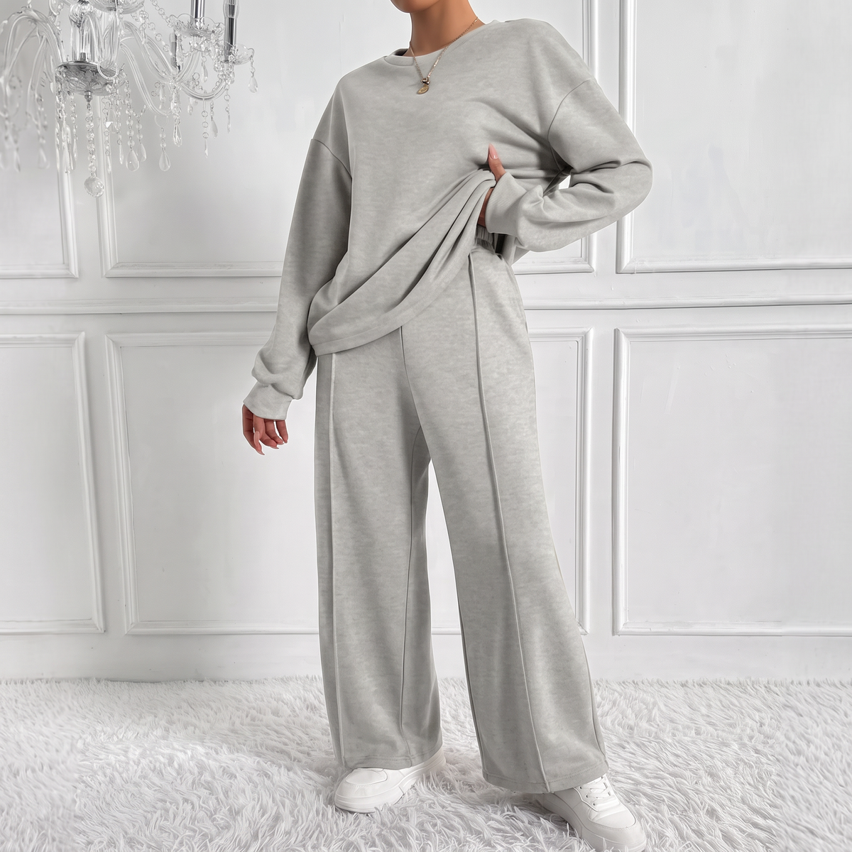 Conjunto Mujer Oversize con Top Hombro Caído y Pantalón Ancho