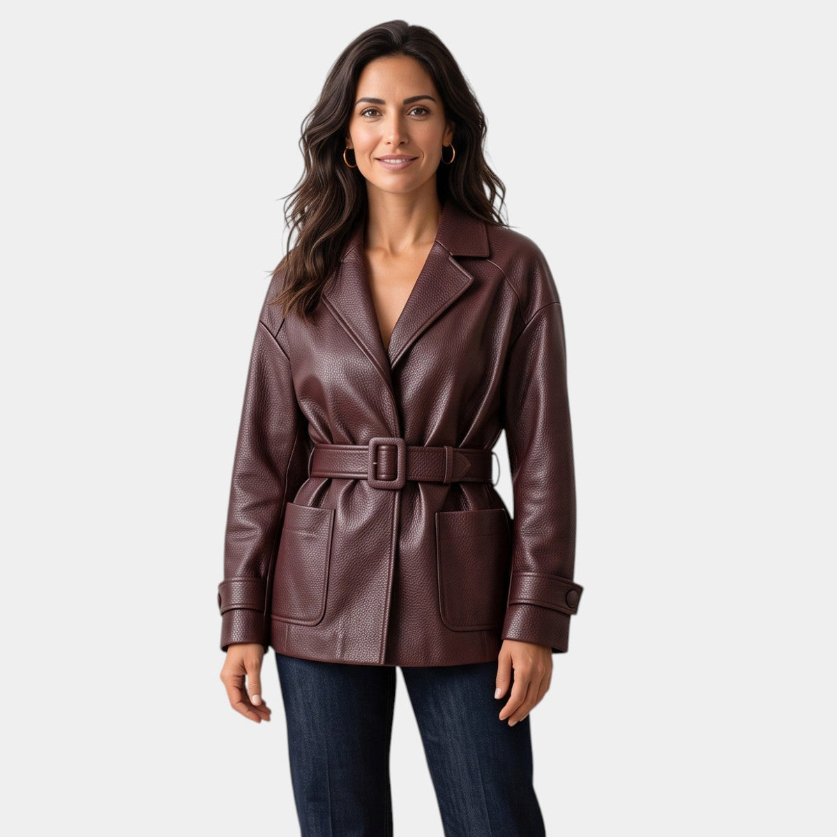 Women's Faux Leather Belted Jacket with Wide Collar - Open Front