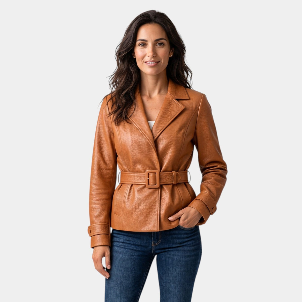 Women's Faux Leather Belted Jacket with Wide Collar - Open Front