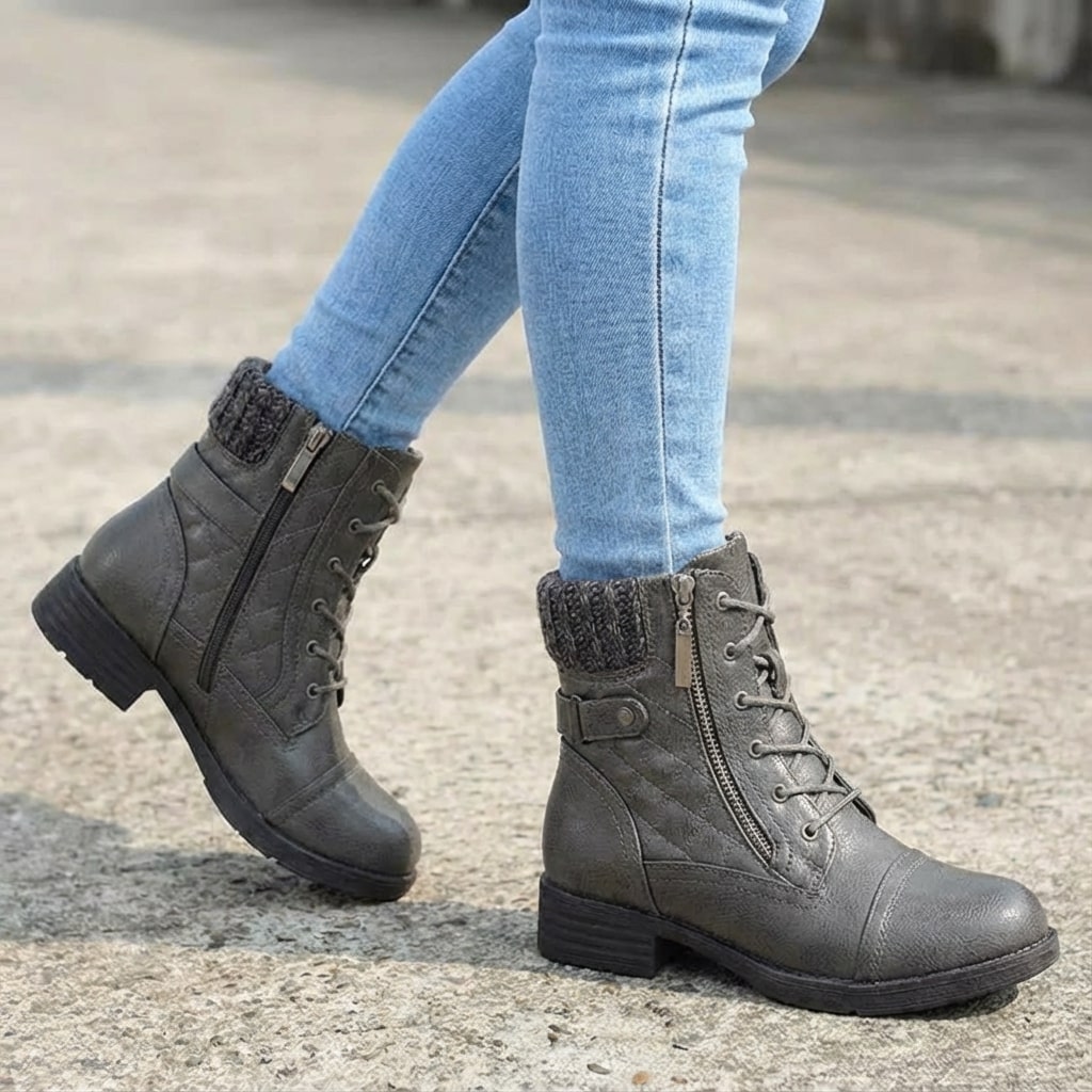 Women's Leather Ankle Boots - Block Heel, Side Zip