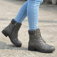 Women's Leather Ankle Boots - Block Heel, Side Zip