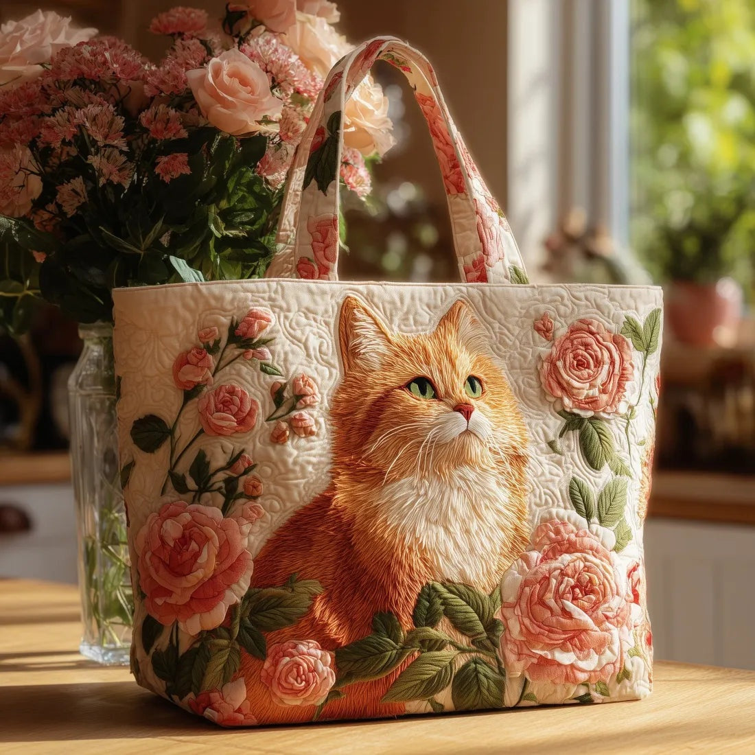 Women's Handmade Quilted Tote Bag - Dog, Cat and Floral Prints