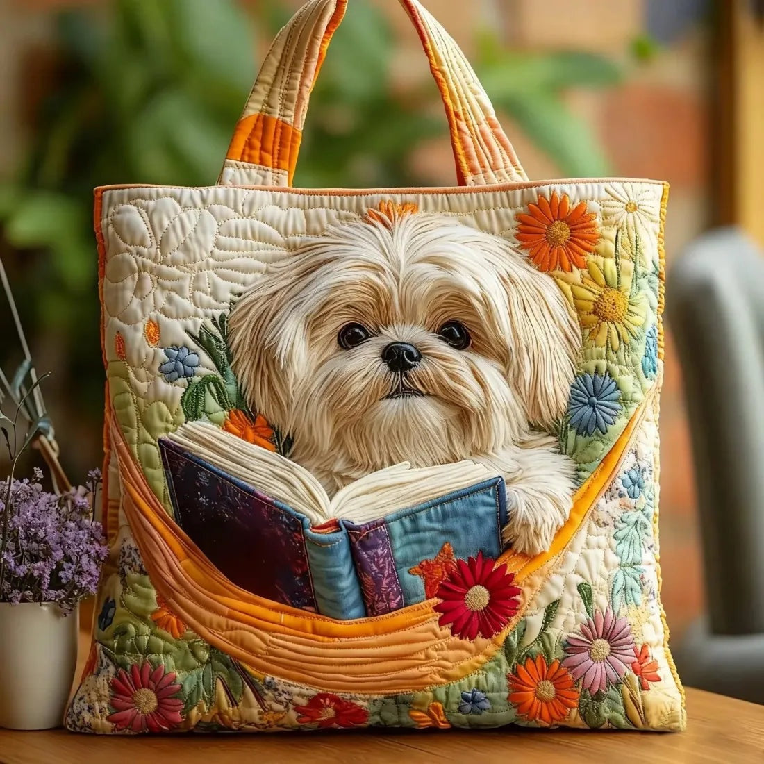 Women's Handmade Quilted Tote Bag - Dog, Cat and Floral Prints