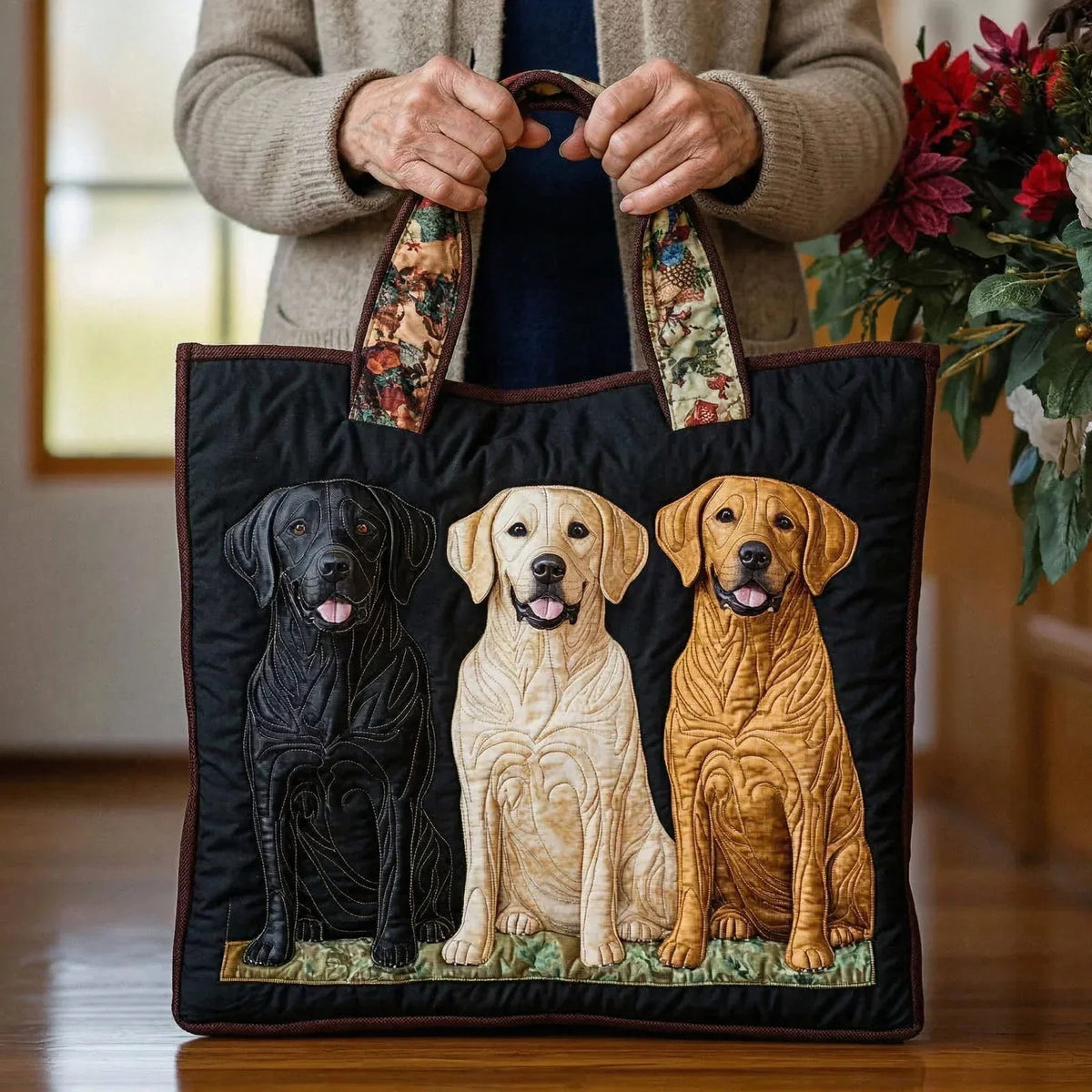 Women's Handmade Quilted Tote Bag - Dog, Cat and Floral Prints