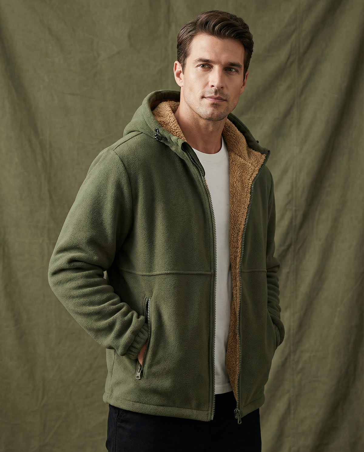 Sudadera Hombre de Lana con Forro Cálido y Cremallera