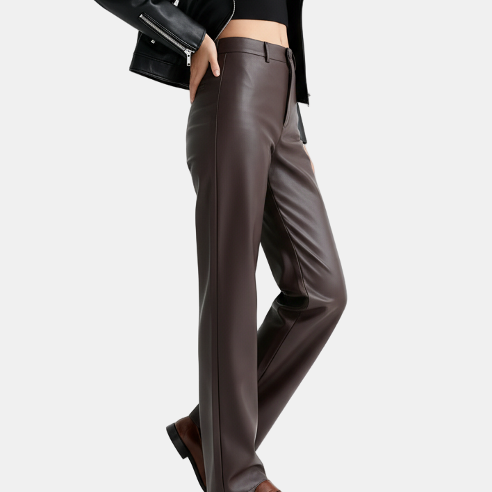 Pantalones Polipiel Mujer Rectos - Cintura Alta Casual