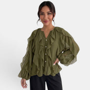Blusa Mujer Escote V Volantes