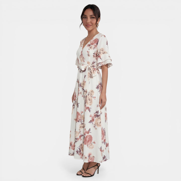 Vestido Midi Blanco Floral Mujer Cuello V