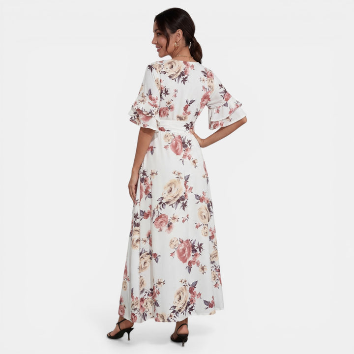 Vestido Midi Blanco Floral Mujer Cuello V