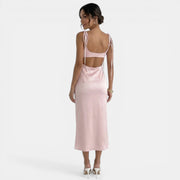 Vestido Midi Rosa Satinado Encaje
