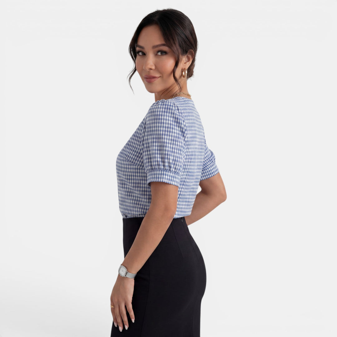 Blusa Mujer Cuadros Cuello V