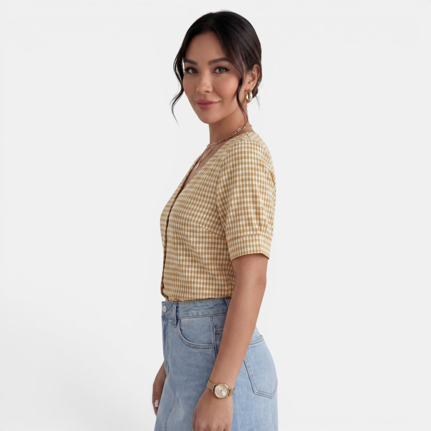 Blusa Mujer Cuadros Cuello V