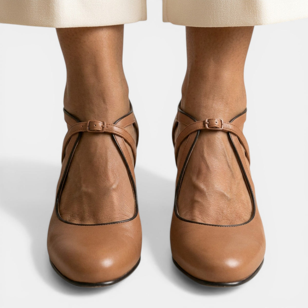 Women's Leather T-Strap Heeled Sandals - Block Heel, Buckle Strap