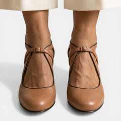 Women's Leather T-Strap Heeled Sandals - Block Heel, Buckle Strap