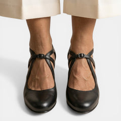 Women's Leather T-Strap Heeled Sandals - Block Heel, Buckle Strap