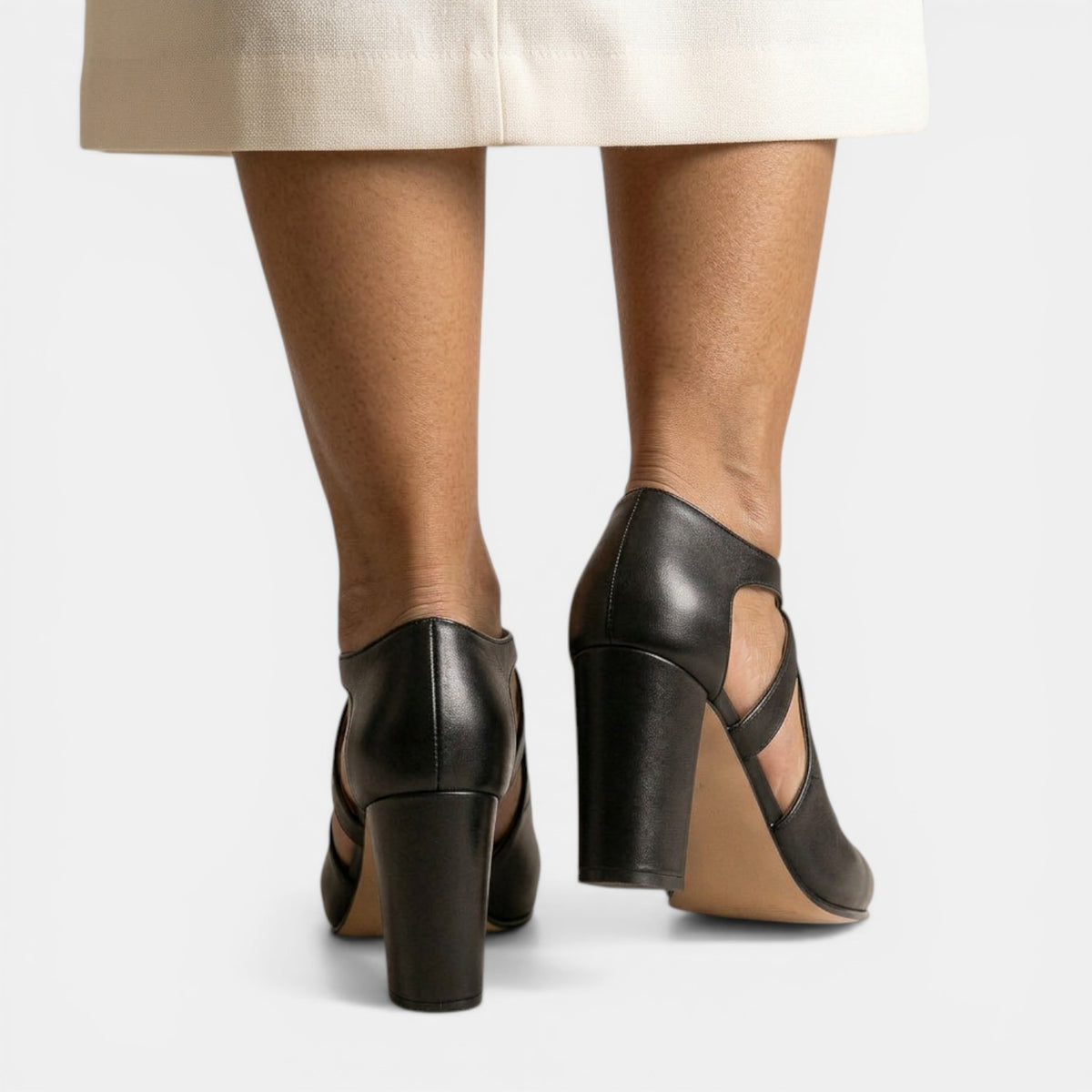 Women's Leather T-Strap Heeled Sandals - Block Heel, Buckle Strap