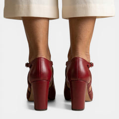 Women's Leather T-Strap Heeled Sandals - Block Heel, Buckle Strap