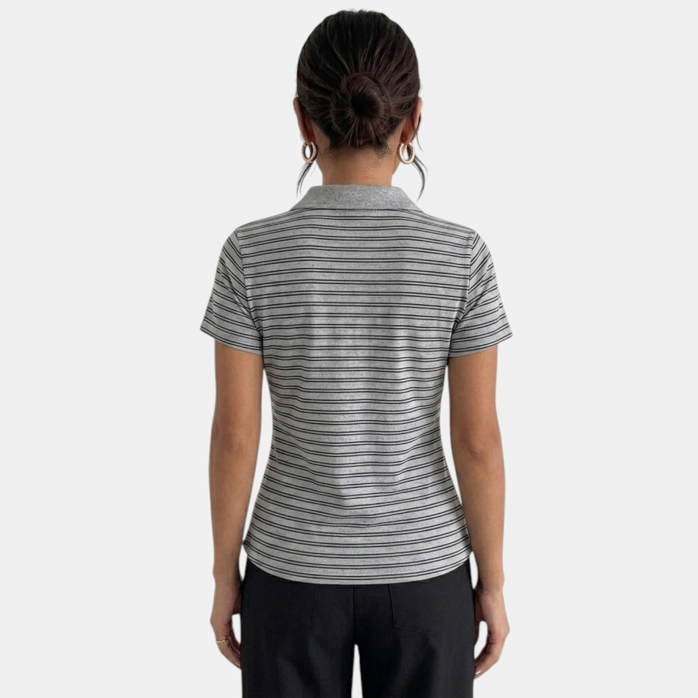 Women's Grey Striped Slim Fit Polo Shirt