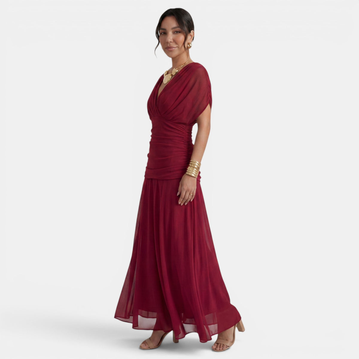 Women's Printed Chiffon V-Neck Maxi Dress - Short Sleeve, Flowy
