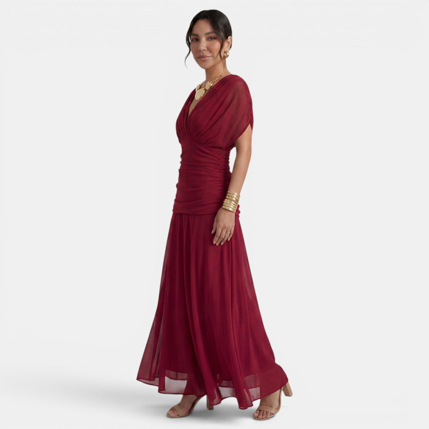 Women's V-Neck Printed Chiffon Maxi Dress