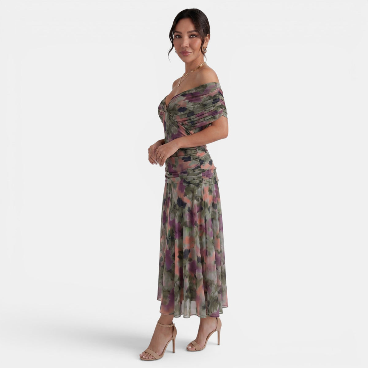 Women's Printed Chiffon V-Neck Maxi Dress - Short Sleeve, Flowy