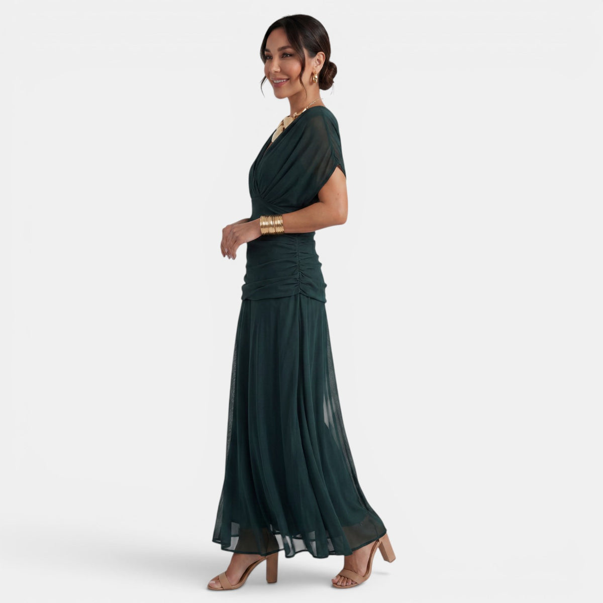 Women's Printed Chiffon V-Neck Maxi Dress - Short Sleeve, Flowy