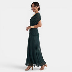 Women's Printed Chiffon V-Neck Maxi Dress - Short Sleeve, Flowy