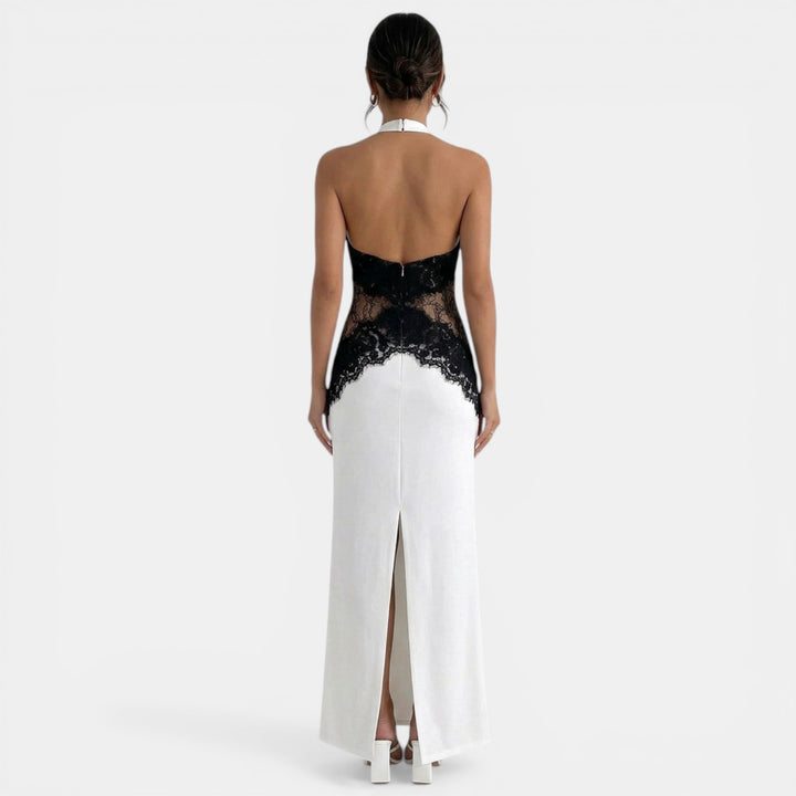 Vestido Maxi Halter Blanco y Negro