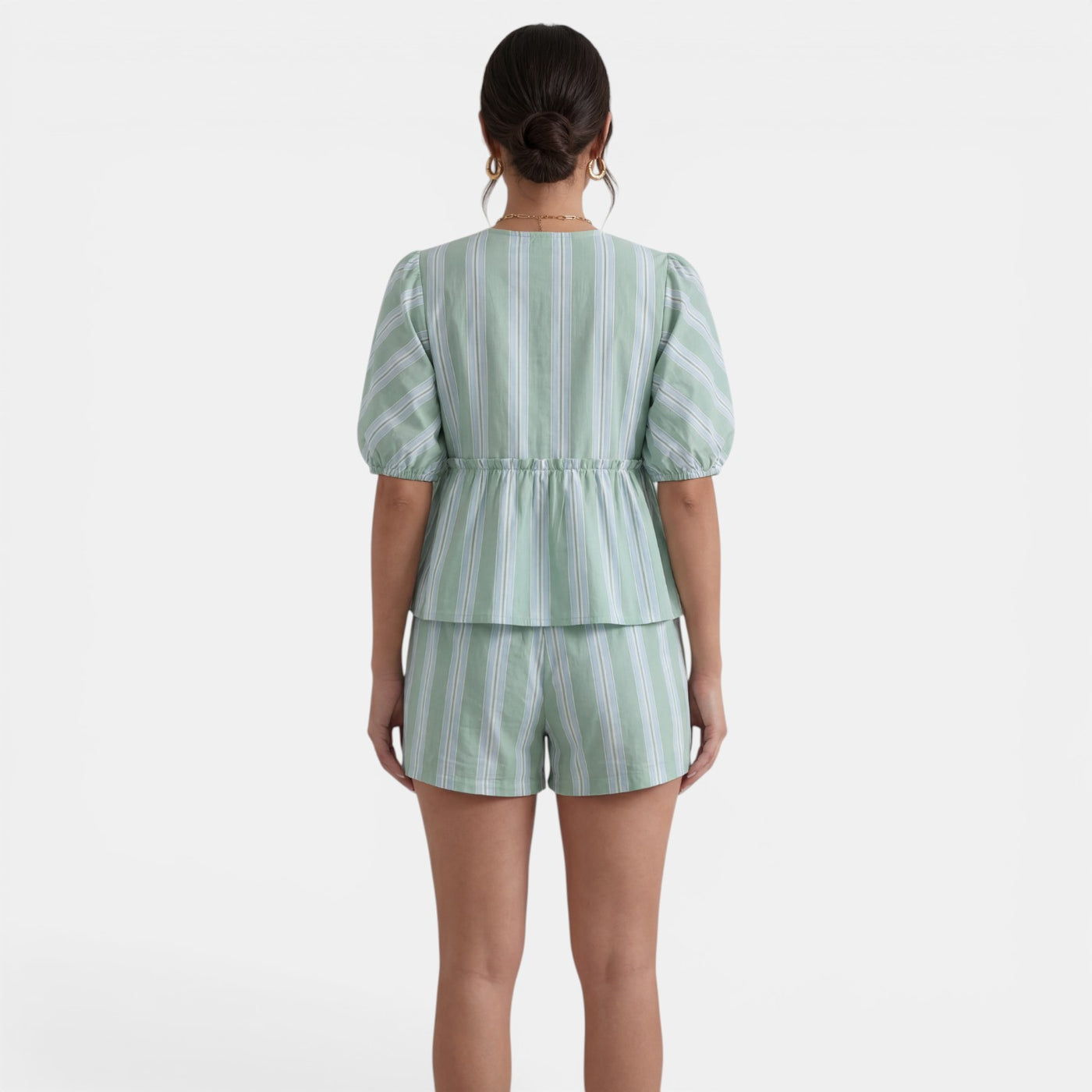 Conjunto Mujer Blusa Rayas con Lazo y Manga Farol